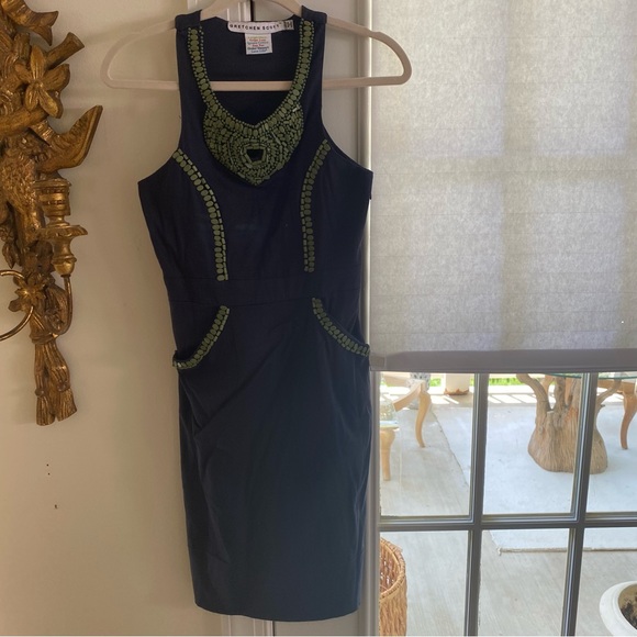 Gretchen Scott Navy and Green Beaded Sheath Sleeveless Dress - Picture 5 of 8